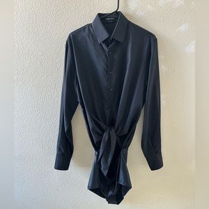 Tom Ford black buttondown tie front silk bodysuit